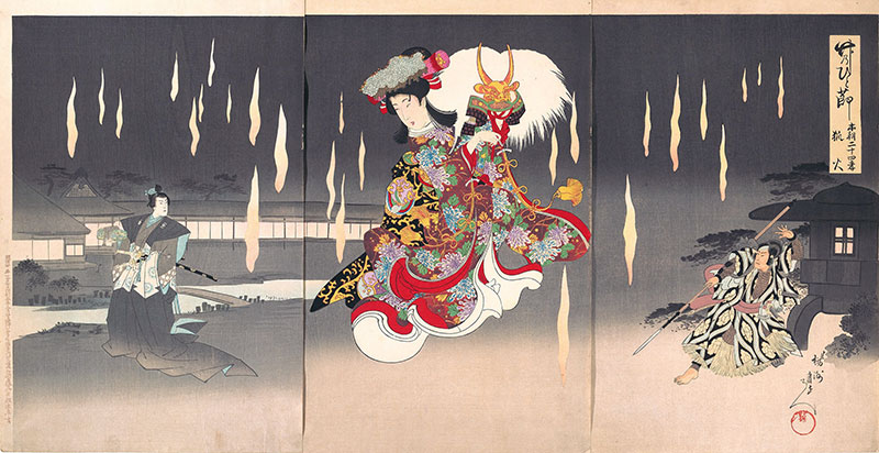 Toyohara Chikanobu Yaegaki_foxfires triptych